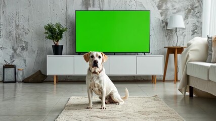 Labrador retriever sitting in front of a large chroma key green screen TV in modern room with concrete walls, ideal for pet friendly, technology, or production animal related