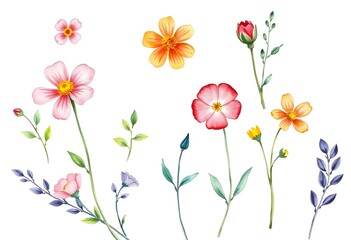 Colorful various floral pattern with yellow and pink flowers, leaves, and other botanical elements on a white background