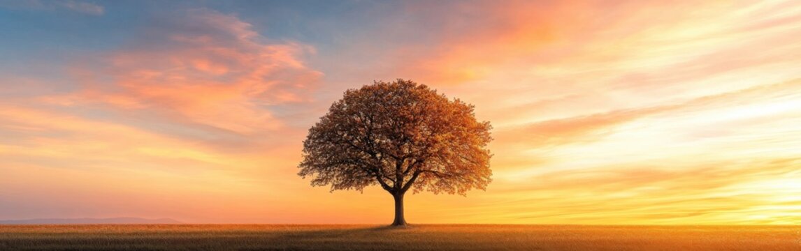 Sunset over a solitary tree in a vast field during golden hour