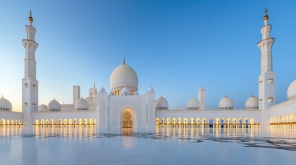 Fototapeta premium Witness the Grand Mosque's intricate domes and minarets illuminated under a sunny sky, creating mesmerizing reflections on the ground