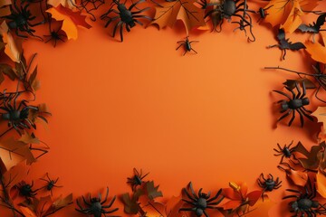 autumn leaves halloween frame border with big black spices on orange background