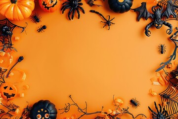 Obraz premium halloween party frame with orange pumpkins, rat, bats, net, spiders, black pumpkins, ghost face, skeleton, skull, ants, eyeballs, orange background empty space for text in center