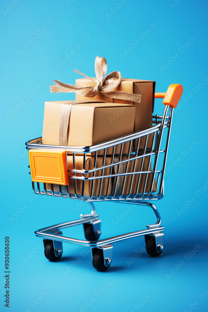 Wall mural generated illustration of carton paper box with shopping cart and shopping bag on blue background.