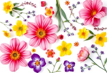 Fototapeta premium Colorful various floral pattern with yellow and pink flowers, leaves, and other botanical elements on a white background