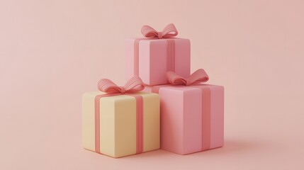 Three colorful gift boxes with ribbons on a soft pink background.