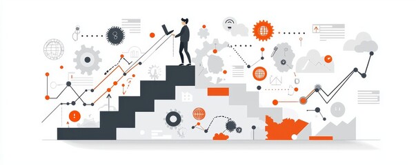 Fototapeta premium Business strategy and development concept illustration with person climbing stairs