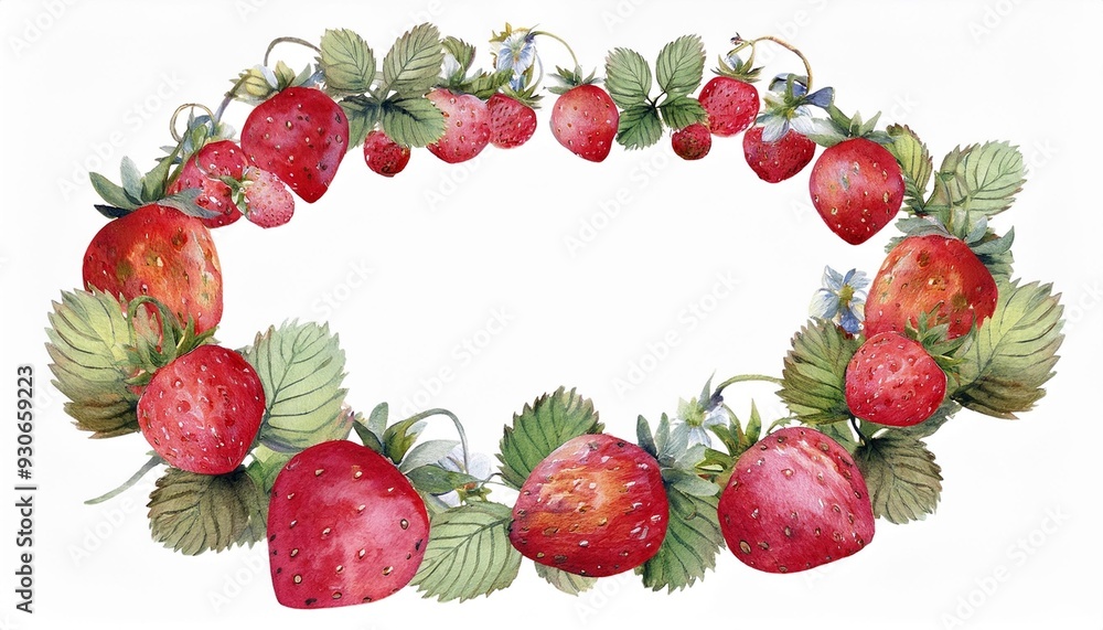 Wall mural watercolor strawberries wreath red berries