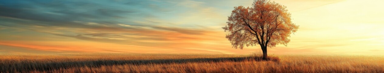 Obraz premium A lone tree at sunset in a golden field