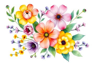 Colorful assortment of various flowers illustration including roses, daisies, and other blooms with green foliage on a white background