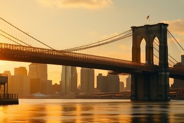 Naklejka premium Golden Span Modern Masonry and the Brooklyn Bridge at Sunset