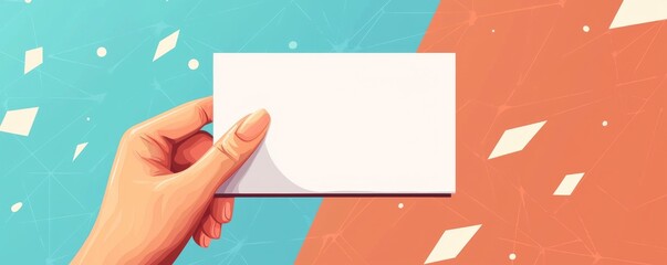 Simple illustration of a hand pointing towards a blank white card on a turquoise background
