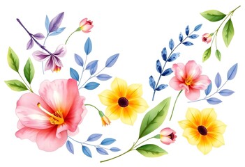 Naklejka premium Colorful assortment of various flowers illustration including roses, daisies, and other blooms with green foliage on a white background