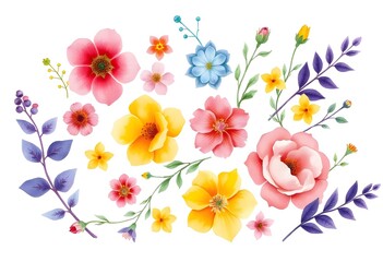 Obraz premium Colorful assortment of various flowers illustration including roses, daisies, and other blooms with green foliage on a white background