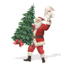 Watercolor Santa Claus with Christmas tree and soft toy