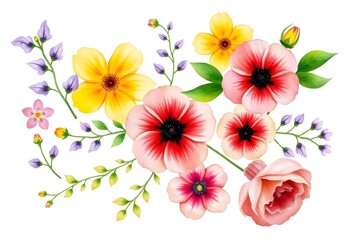 Colorful assortment of various flowers illustration including roses, daisies, and other blooms with green foliage on a white background