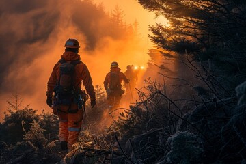 Obraz premium Serene Forest at Dawn Showcasing Trees Being Cut Down by Workers