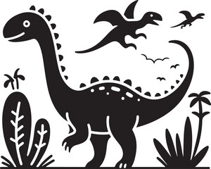 dinosaur and tree black and white silhouette vector art flat graphic design background outline illustrations