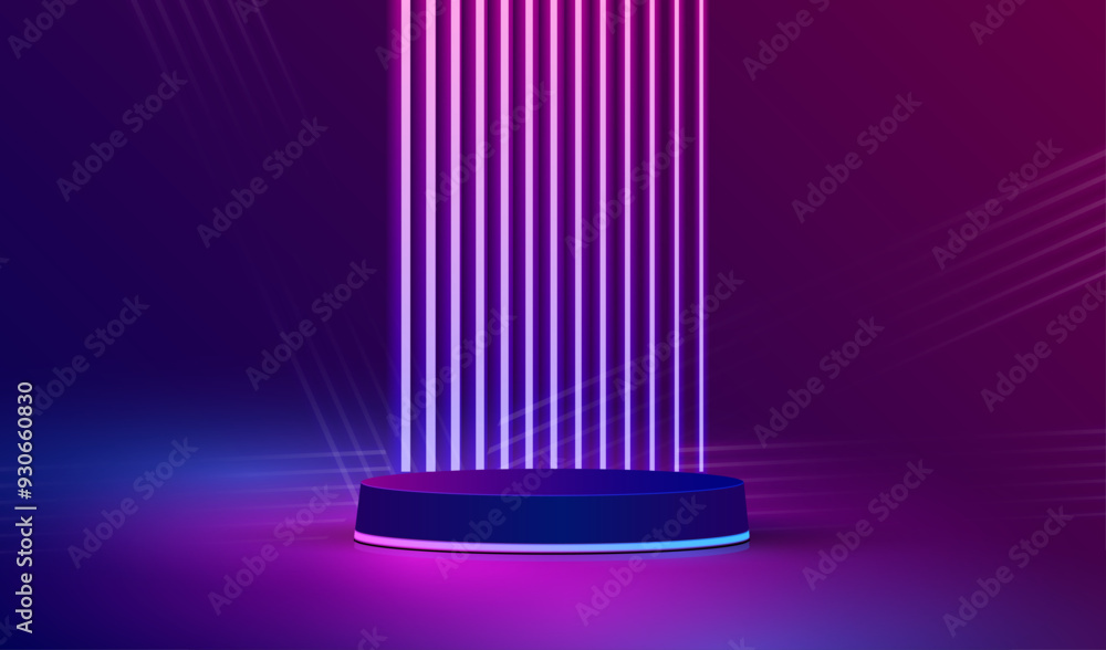 Poster realistic podium with glowing neon lamps and light lines in futuristic gaming design. display scene 