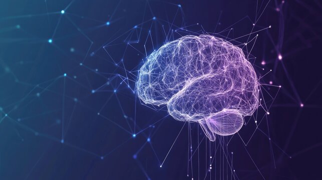 AI brain made of glowing lines and dots, showcasing futuristic technology. Human brain activity with plexus lines, illustrating external cerebral connections. Ideal for AI, psychology concepts