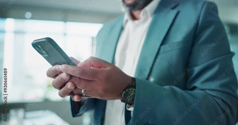 Poster businessman, hands and cellphone in office for networking, communication and email or text. connecti