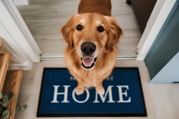 Closeup of a happy golden retriever dog smiling at the camera, standing on a blue doormat or welcome mat with the text "Home" on a floor indoors, puppy in house interior. Doorway pet welcoming guests