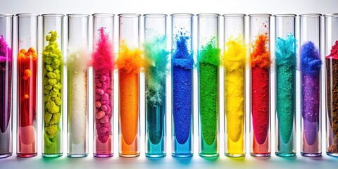Colorful test tubes filled with vibrant liquids and powders arranged in a creative pattern on a white background, blending science and modern art.