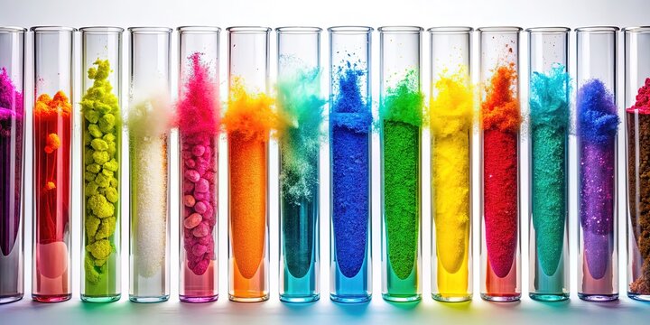 Colorful test tubes filled with vibrant liquids and powders arranged in a creative pattern on a white background, blending science and modern art.