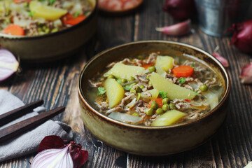 A bowl with traditional German dish - stew Eintopf	