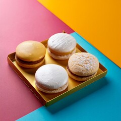 Assorted alfajores with different coatings on a solid colorful background - traditional argentinian dessert sweet