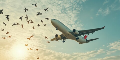 An airbus plane is flying in the sky and birds are flying on the tip of the wing 