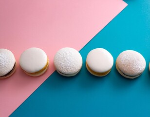 Assorted alfajores with different coatings on a solid colorful background - traditional argentinian dessert sweet