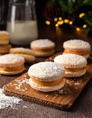 Assorted alfajores with different coatings on a solid colorful background - traditional argentinian dessert sweet