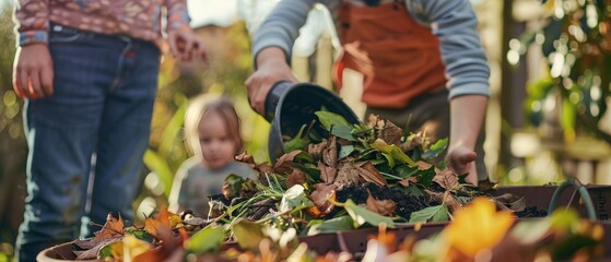 Family Contributing Kitchen Scraps to Backyard Composting Setup.