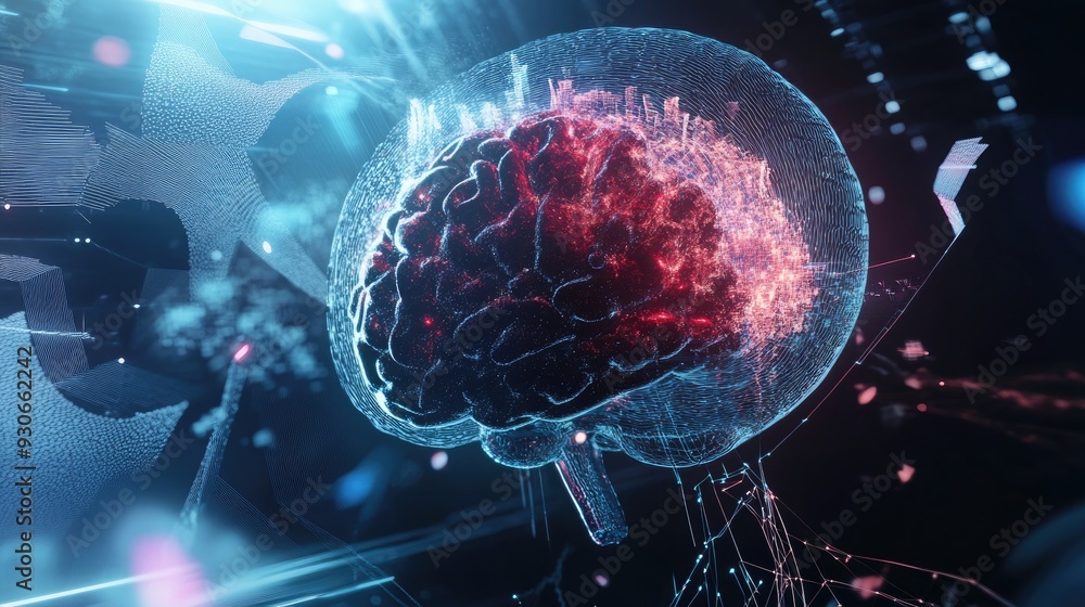 Poster ai brain made of glowing lines and dots, showcasing futuristic technology. human brain activity with