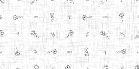 Seamless french taupe floral farmhouse linen printed fabric background. Light mottled grey cottage pattern. Shabby chic woven 2 tone cloth effect. Textile rustic organic ecru neutral all over print.