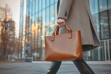 Elegant brown leather handbag carried by a woman in a cityscape, highlighting a blend of modern fashion and urban sophistication in a professional setting.