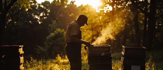 Beekeeper Lighting Smoker Among Hives at Twilight in Rustic Setting