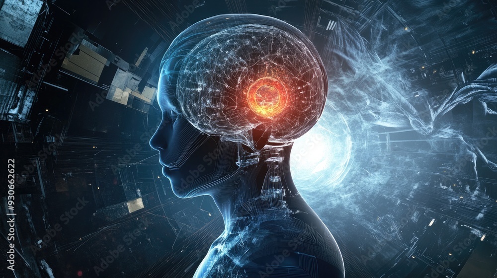 Poster ai brain made of glowing lines and dots, showcasing futuristic technology. human brain activity with