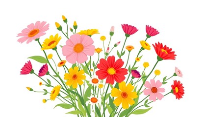 A colorful bouquet of various flowers illustration including orange daisies, red poppies, white daisies, and other vibrant blooms against a light background
