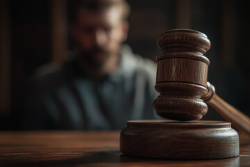 Close-Up of Judge's Gavel on a Wooden Table with Blurred Figure in Background