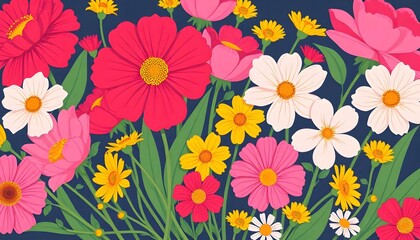 A colorful bouquet of various flowers illustration including orange daisies, red poppies, white daisies, and other vibrant blooms against a light background