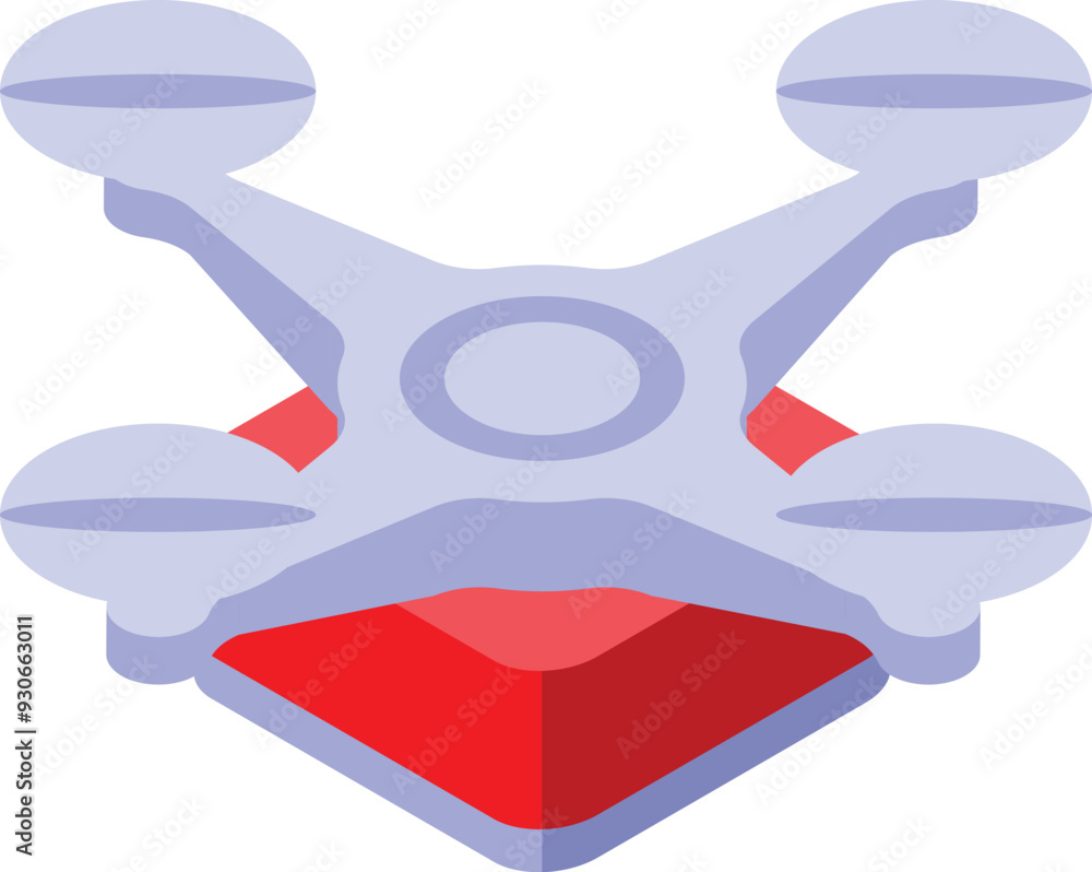 Poster drone with four propellers is landing on a red square platform in this isometric icon