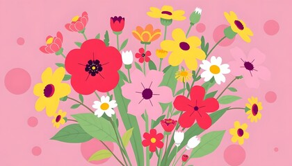 A colorful bouquet of various flowers illustration including orange daisies, red poppies, white daisies, and other vibrant blooms against a light background