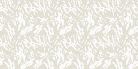 Seamless french gender neutral floral linen printed fabric border background. Light mottled white on grey cottage core block print pattern. Shabby chic woven duotone cloth effect. 