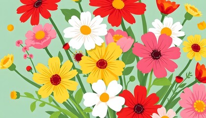 Fototapeta premium A colorful bouquet of various flowers illustration including orange daisies, red poppies, white daisies, and other vibrant blooms against a light background