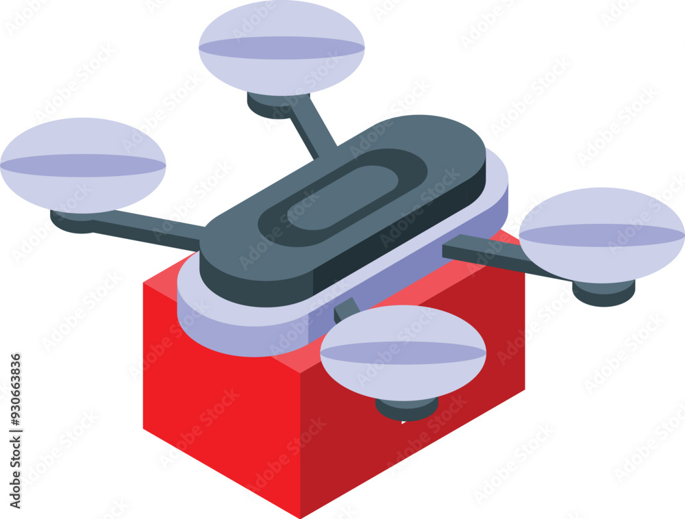 Poster modern drone with four propellers is flying and transporting a red package