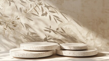 Empty round terrazzo podium stacked, cosmetic display stand with shadow nature leaves on beige background