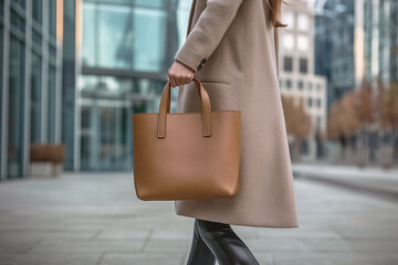 Elegant brown leather handbag carried by a woman in a cityscape, highlighting a blend of modern fashion and urban sophistication in a professional setting.