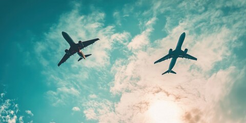 Planes fly against each other in the sky 