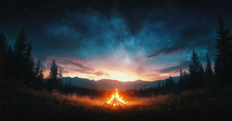 Obraz premium A crackling campfire illuminates a peaceful forest clearing under a vibrant night sky.